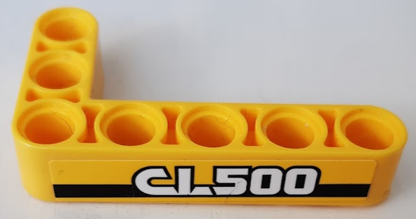 Lego Technic, Liftarm, Modified Bent Thick L-Shape 3 x 5 with 'CL500' on Black Stripe Pattern Model Right Side (Sticker) - Set 42121 / Yellow