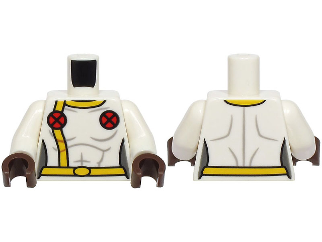 Lego Torso Female Super Hero Costume with Yellow Collar, Stripe, and Belt, 2 Red Circles with X-Men Logo Pattern / White Arms / Umber Hands