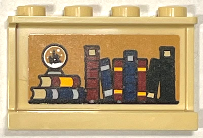 Lego Panel 1 x 4 x 2 with Side Supports - Hollow Studs with Books and Snow Globe on Medium Nougat Background Pattern (Sticker) - Set 76399 / Tan