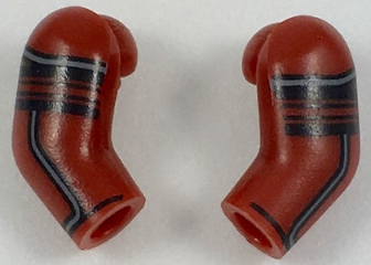 Lego Arm, (Matching Left and Right) Pair with Black and Dark Bluish Gray Stripes Pattern / Dark Red
