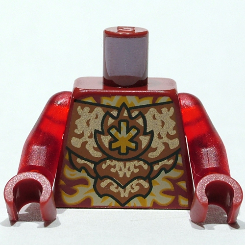 Lego Torso Armor, Gold Markings, Flames print, Trans-Red Arms, Dark Red Hands / Dark Red