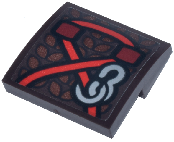 Lego Slope, Curved 2 x 2 x 2/3 with Dark Red and Red Crossed Strap and Light Bluish Gray Carabiner on Reddish Brown Leaf Pattern (Sticker) - Set 76341