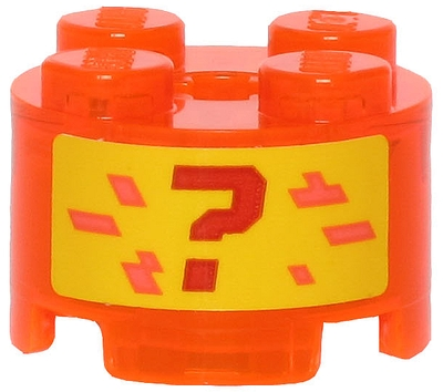 Lego Brick, Round 2 x 2 with Axle Hole with Red Question Mark and Coral Pixels on Yellow Background Pattern (Sticker) - Set 71707