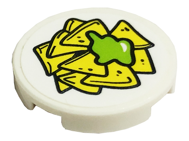 Lego Tile, Round 2 x 2 with Bottom Stud Holder with Yellow Corn Chips and Lime Guacamole Pattern (Sticker) - Set 41701 / White