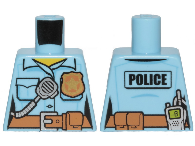 Lego Torso Police Female Shirt with Gold Badge, Dark Tan Belt with Pocket and 'POLICE' and Radio on Back Pattern / Bright Light Blue