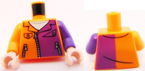 Lego Torso Batman Jacket with Dark Purple Half Panel, Pockets and Zippers Pattern / Dark Purple Arm Left / Orange Arm Right / Light Nougat Hands