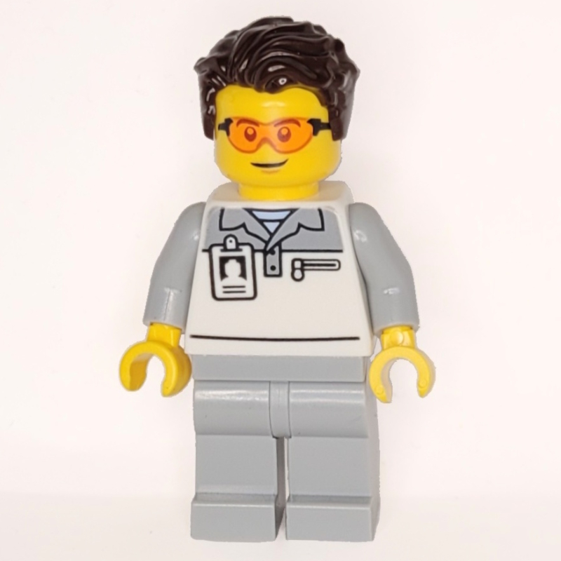 Lego Garage Worker, White/Light Bluish Grey Suit, Dark Brown Hair, Glasses