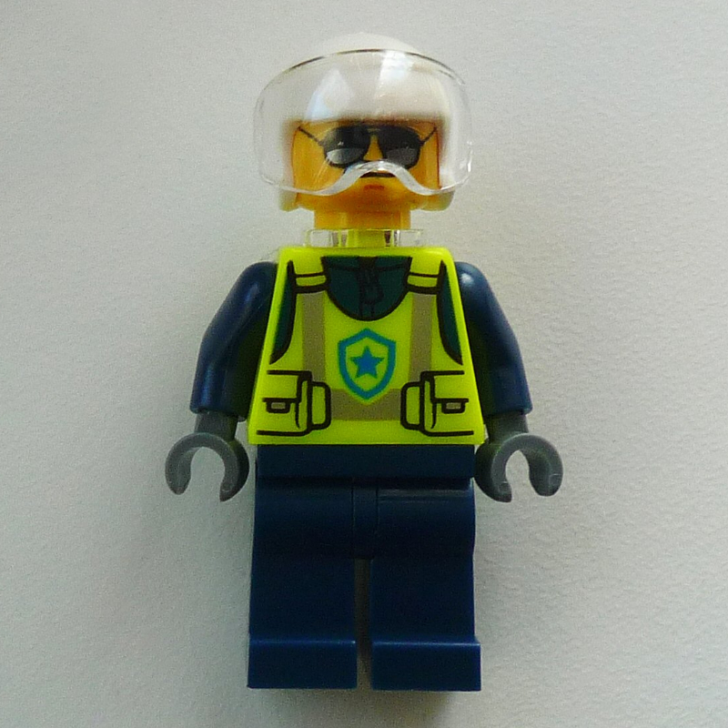 Lego Police Officer, Vibrant Yellow Police Vest, White Helmet with Visor, Neck Bracket