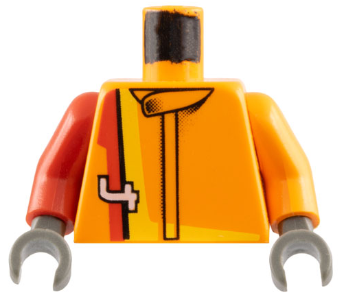 Lego Torso Racing Suit with Red and Yellow Stripes, White Number 4 Pattern / Orange Arm Left / Red Arm Right / Dark Gray Hands