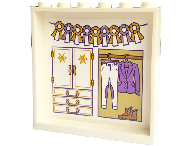 Lego Panel 1 x 6 x 5 with Gold and Bright Pink Bows and Wardrobe with Medium Lavender Jacket, White Riding Breeches, and Boots Pattern (Sticker) - Set 43195 / White