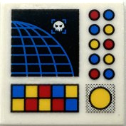 Lego Tile 2 x 2 with Computer Screen with Wire Frame Globe, Skull, Blue, Red and Yellow Buttons and Lights Pattern (Sticker) - Set 10191 / White