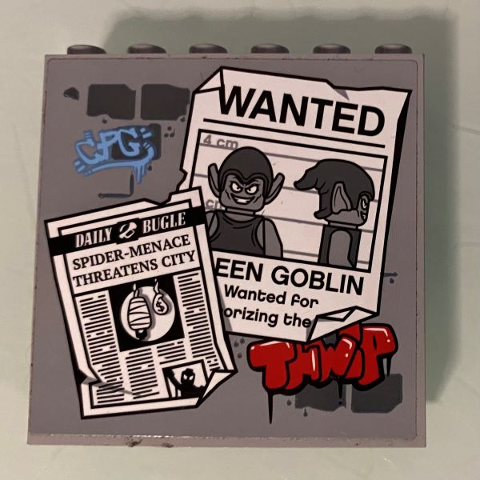 Lego Panel 1 x 6 x 5 with 'DAILY BUGLE' Newspaper Page, 'SPIDER-MENACE THREATENS CITY' Headline, 'WANTED' Poster and Green Goblin Picture Pattern (Sticker) - Set 76057