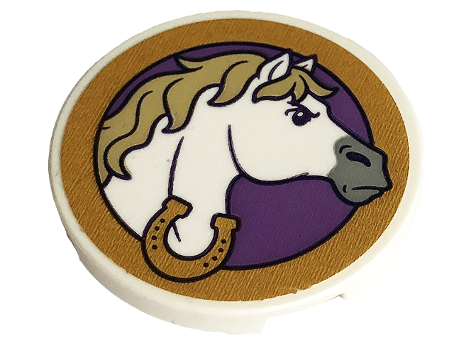 Lego Tile, Round 3 x 3 with White Horse, Gold Horseshoe and Frame on Medium Lavender Background Pattern (Sticker) - Set 43195