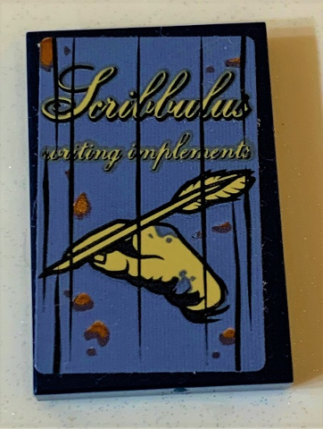 Lego Tile 2 x 3 with Script 'Scribbulus writing implements' and Hand with Quill on Sand Blue Background Pattern (Sticker) - Set 75978