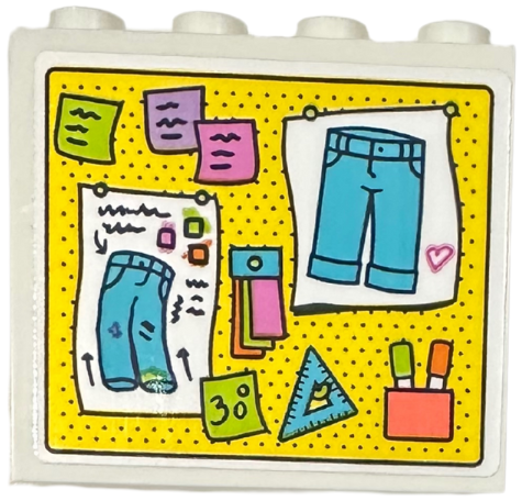 Lego Panel 1 x 4 x 3 with Side Supports - Hollow Studs with Posters with Jeans, Post It Notes, Markers, and Triangle Ruler Pattern (Sticker) - Set 42614 / White