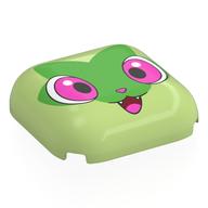 Lego Brick Round, Curved 4 x 4 with Sprigatito Face, Dark Pink Eyes, Open Mouth, Green Leave Print
