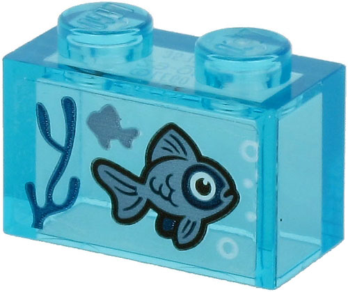 Lego Brick 1 x 2 without Bottom Tube with 2 Sand Blue Fish and Dark Blue Seagrass on Transparent Background Pattern (Sticker) - Set 60266 / Trans-Light Blue