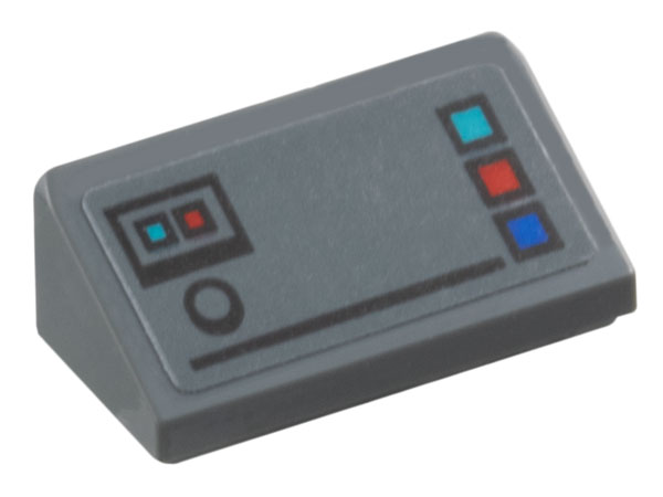 Lego Slope 30 1 x 2 x 2/3 with Control Panel with Medium Azure, Red, and Blue Buttons and Black Line Pattern (Sticker) - Set 77073 / Dark Bluish Gray