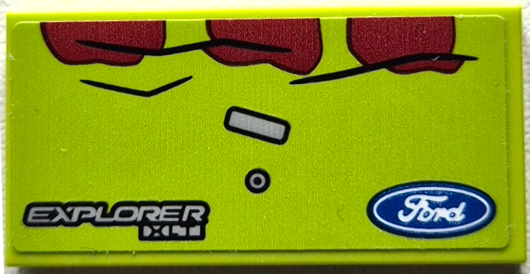 Lego Tile 2 x 4 with Ford Logo, 'EXPLORER XLT' and Dark Red Splotches and Dent Lines Pattern (Sticker) - Set 76956 / Lime