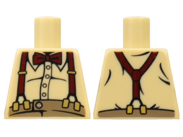 Lego Torso Button Shirt over Fat Stomach with Dark Red Bow Tie and Suspenders Pattern / Tan