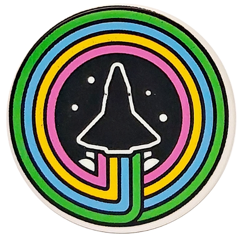 Lego Tile, Round 2 x 2 with Bottom Stud Holder with Space Shuttle, Smoke and Dots on Back Background in Bright Green, Medium Azure, Bright Light Orange and Bright Pink Concentric Circles Pattern