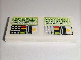 Lego Tile 2 x 4 with '232 POLICE HQ', '279 CITY CENTER', '495 HARBOR' Ticket Dispenser with Keypad and Arrows Pattern (Sticker) - Set 60097 / White