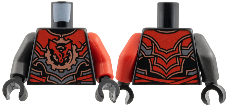 Lego Torso Armor, Red and Dark Silver Plates, Arrows, Copper Gear and Trim Pattern / Red Arm Left / Pearl Dark Gray Arm Right / Black Hands