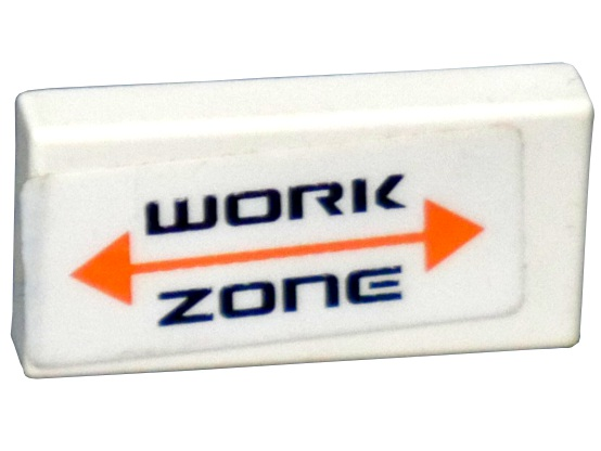 Lego Tile 1 x 2 with 'WORK ZONE' and Orange Arrow Pattern (Sticker) - Set 7697 / White