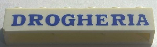 Lego Brick 1 x 6 without Bottom Tubes with Cross Side Supports with Blue 'DROGHERIA' Serif Pattern / White