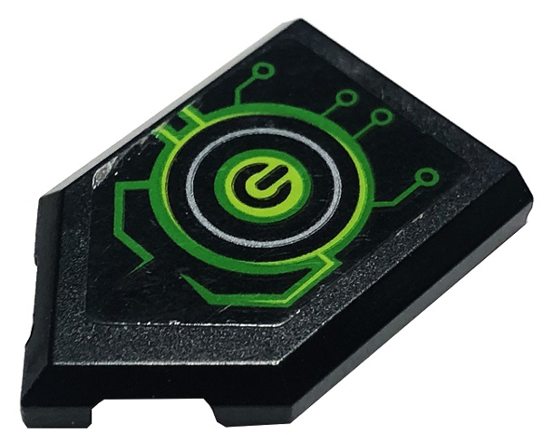 Lego Tile, Modified 2 x 3 Pentagonal with Lime Power Button and Circuitry Pattern Model Right Side (Sticker) - Set 72003 / Black