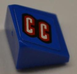 Lego Slope 30 1 x 1 x 2/3 with 'CC' on Blue Background Pattern Model Left (Sticker) - Set 8198