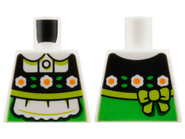 Lego Torso Dutch Dress, White and Orange Flowers on Black Panel, Apron, Lime Sash and Bright Green Trim Pattern / White
