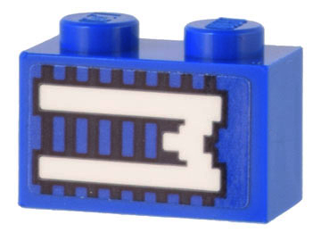 Lego Brick 1 x 2 with White 'M' on Blue and Black Lines Pattern (Sticker) - Set 10299 / Blue