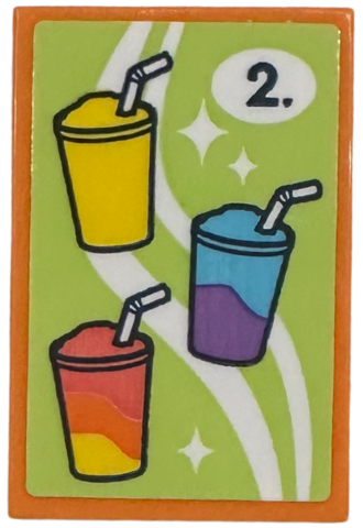 Lego Tile 2 x 3 with Slushy Cups with Straws and '2.' on Yellowish Green Background Pattern (Sticker) - Set 42674 / Orange