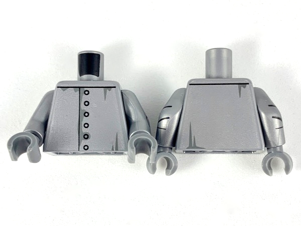 Lego Torso Silver Paint, Rivets, Dark Bluish Gray Smudges Pattern / Flat Silver Arms with Elbow Joint Panels / Dark Bluish Gray Hands