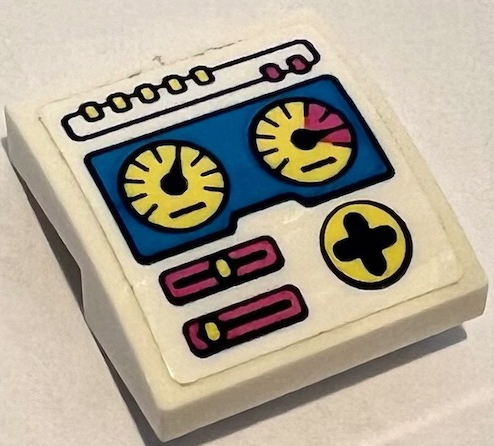 Lego Slope, Curved 2 x 2 x 2/3 with Control Panel with Buttons, Bright Light Yellow Gauges, Dark Pink Sliders, and Directional Pad Pattern (Sticker) - Set 41383 / White