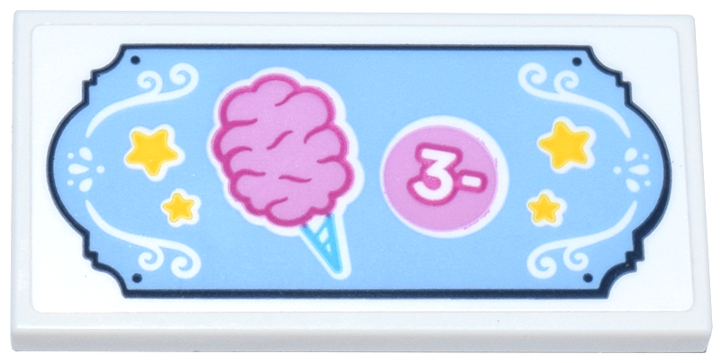 Lego Tile 2 x 4 with Medium Blue Sign with Dark Pink and Bright Pink Cotton Candy and Coin, White Filigree and Number 3, Yellow Stars Pattern (Sticker) - Set 42643 / White