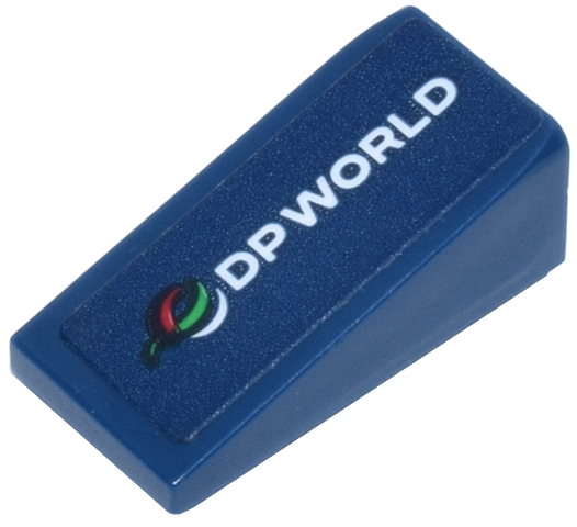 Lego Slope 18 2 x 1 x 2/3 with White 'DP WORLD' and Logo Pattern Model Left Side (Sticker) - Set 77251 / Dark Blue