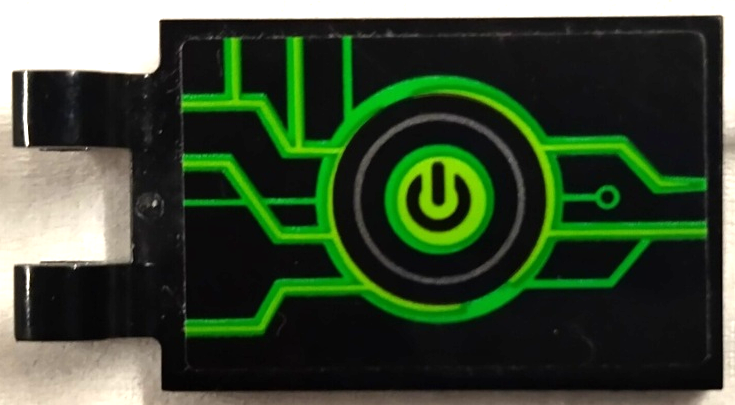 Lego Tile, Modified 2 x 3 with 2 Open O Clips with Lime and Bright Green Power Button and Circuitry Pattern Model Right Side (Sticker) - Set 72006 / Black