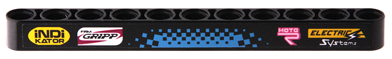 Lego Technic, Liftarm Thick 1 x 11 with 'iNDiKATOR', 'FIRM GRIPP', 'MOTO R', 'ELECTRIC Systems' and Dark Azure Checkered Pattern (Sticker) - Set 42124 / Black