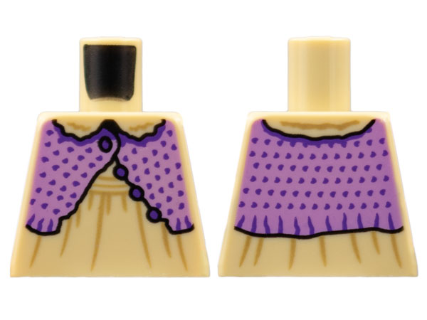 Lego Torso Dress with Medium Nougat Seams, Medium Lavender Shrug with Dark Purple Buttons and Spots Pattern / Tan