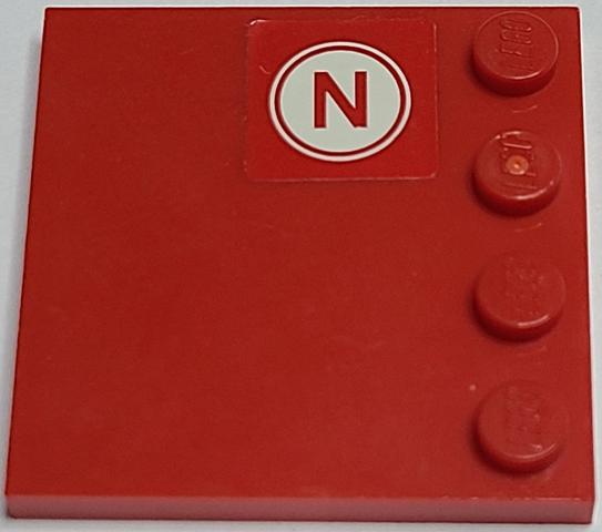 Lego Tile, Modified 4 x 4 with Studs on Edge with Red Letter N on White Circle Pattern (Sticker) - Set 8157 / Red