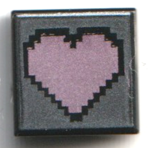 Lego Tile 1 x 1 with Pixelated Bright Pink Heart, Silver Background Print / Black
