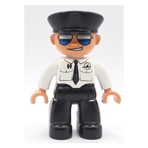 Lego Duplo Figure with Police Style Hat Black, with White Top with Airplane Logo and Black Tie, Sunglasses, Black Legs / White
