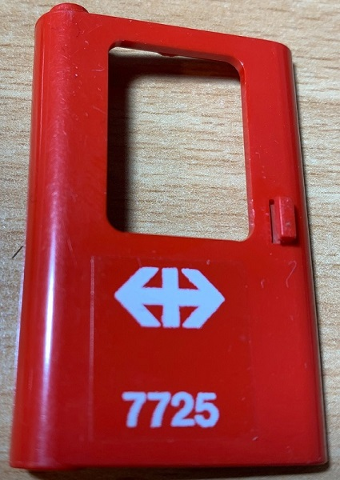 Lego Door 1 x 4 x 5 Train Left, Thin Support at Bottom with White Double Arrow (Swiss Federal Railways) and '7725' Pattern (Sticker) - Set 7725 / Red