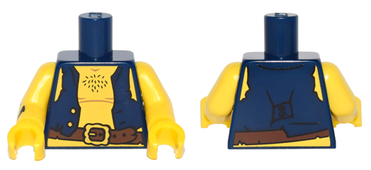 Lego Torso Pirate Vest Open with Gold Buttons, Dark Brown Belt with Buckle, Chest Hair, Yellow Shoulders and Stomach Pattern / Yellow Arm Left / Yellow Arm Right with Black Anchor Tattoo Pattern / Yellow Hands