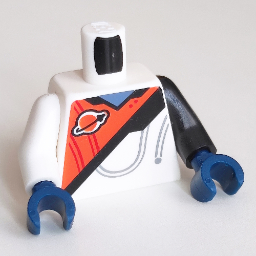 Lego Torso, Odd Arms, Classic Space Logo, Red/White Space Suit Print, Left Black Arm, Right White Arm, Dark Blue Hands