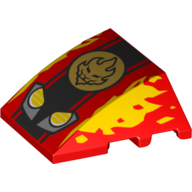 Lego Brick Wedged, Curved 4 x 3 No Studs with Headlights, Yellow Flames, Flaming Skull Print / Red