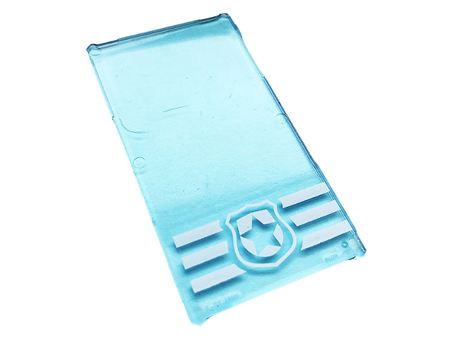 Lego Glass for Window 1 x 4 x 6 with Police Badge and 3 White Stripes Pattern (Sticker) - Set 60141 / Trans-Light Blue