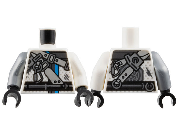 Lego Torso Ninjago Belts and Carabiner on Ring Pattern / White Arm Left / Flat Silver Arm Right / Black Hands